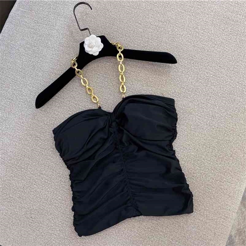 

Summer Women Style Fashion Sleeveless Pleated Gold Chain Decoration Casual Slim Tube Top Short Vest RD674 210525, Black
