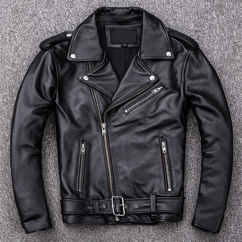 

Spring Classical Motorcycle oblique zipper Jackets Men Leather Jacket Natural Calf Skin Thick Slim Cowhide Moto Jacket man 211222, Cow leather