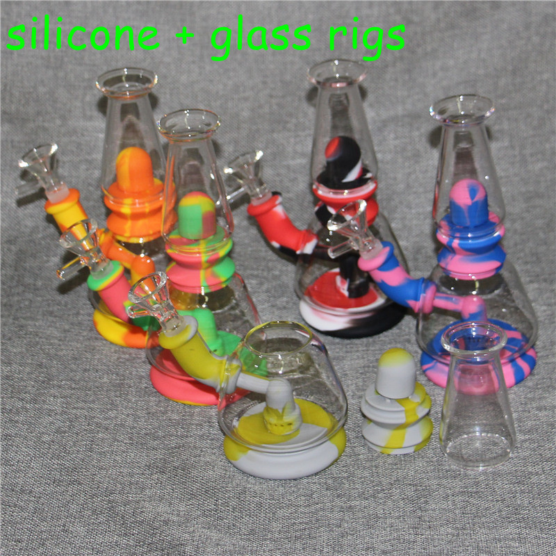 

Silicone Hookahs glass water bong 14mm bowl mini bongs detachable silicon protect case bubbler smoking pipes