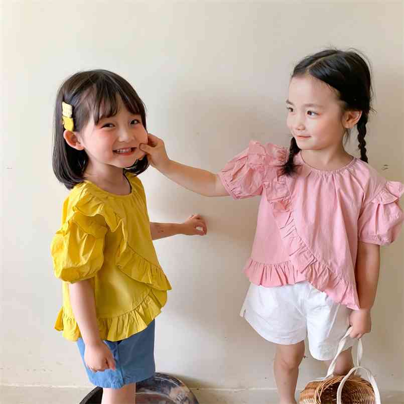 

The summer Baby shirt with flounces (short front and long back) girls blouse kids clothing 210702, Yellow