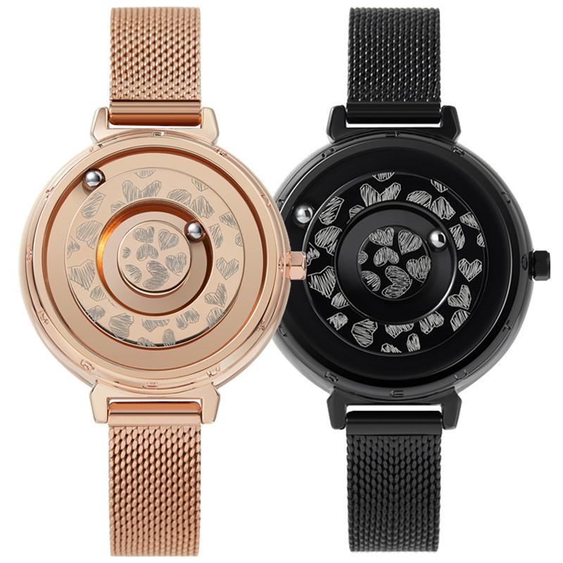 

Original Parallel Fashion Magnetic Laser Pattern Love Quartz Women's Wristwatch Simple Stainless Steel Leather Strap LOVER Gift Wristwatches, As pic