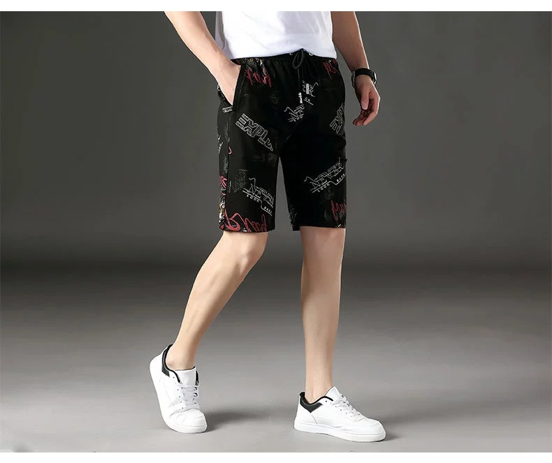 

2021 fashinal lightweight men's pants printing big size knee length casual style sports shorts design, Black