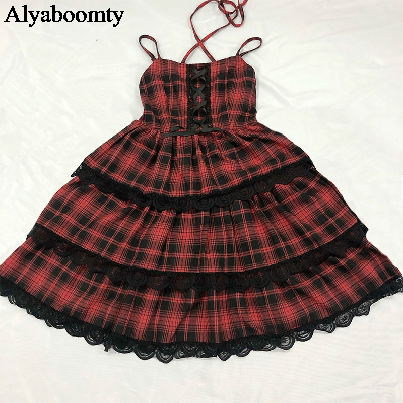 

2021japanese harajuku summer women streetwear sundress suspenders red plaid bandage dress gothic layered lace ruffles lolita dress, Black;gray