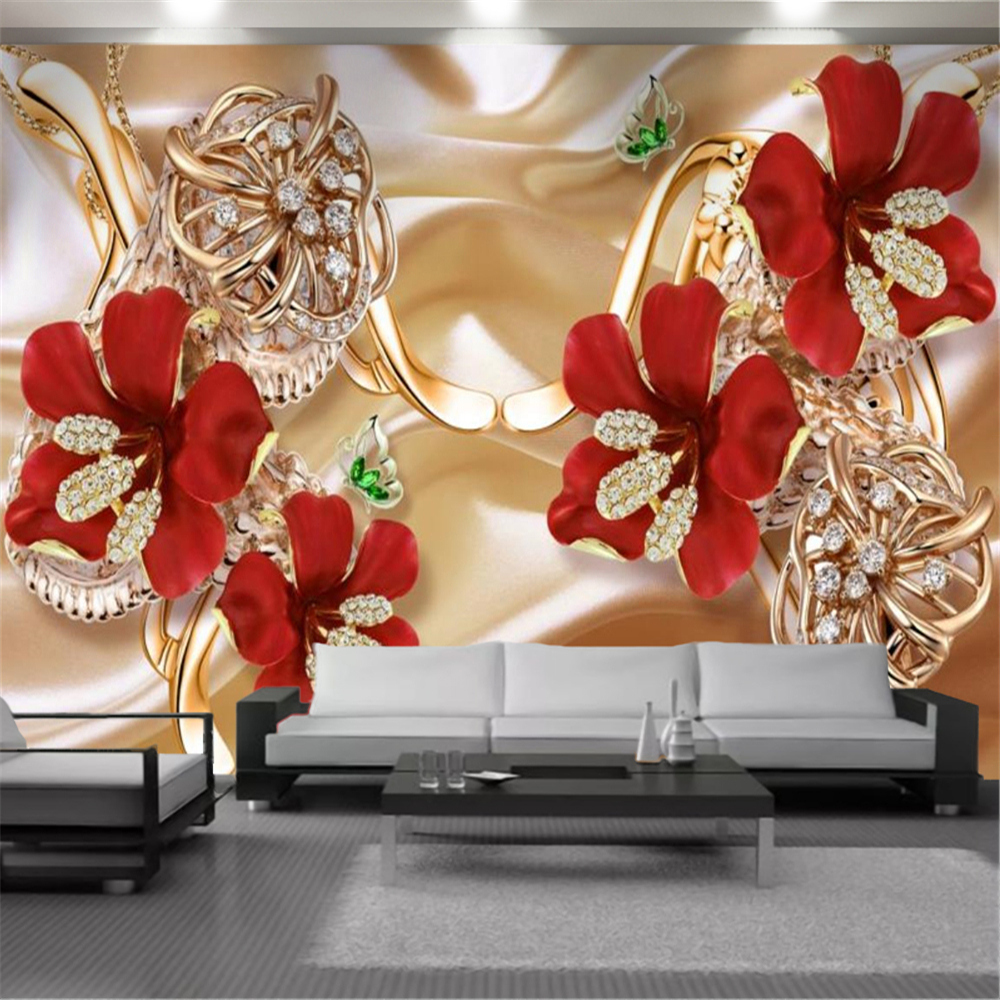 

3d Floral Wallpaper Wall Papers Luxury Diamond Red Flower Mural Home Improvement Living Room Bedroom Kitchen Painting Wallpapers, As shown