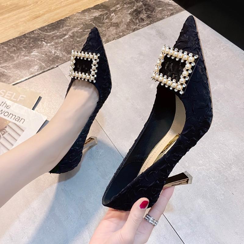 

Silver Black Women Bridal Wedding Shoes Faux Silk Satin Rhinestone Crystal Shallow Pumps Stiletto High Heels Tacones Mujer Dress