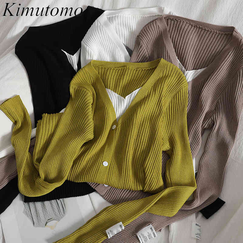 

Kimutomo Fashion Stitching Color Contrast Thin Cardigan Women V-neck Fake Two-piece Spring Fashion Korean Breasted Tops 210521, White