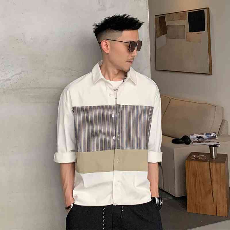 

Gangshu summer men's Quarter Sleeve Shirt splicing stripe T-shirt loose short sleeve American Korean leisure fashion, White;black