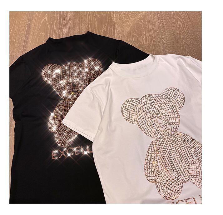 

2021 Beading Bear Women T-shirt Harajuku Oversize Short-Sleeved HIp Hop Women Cotton Loose Crystal Maxi Korean Female Clothes, White