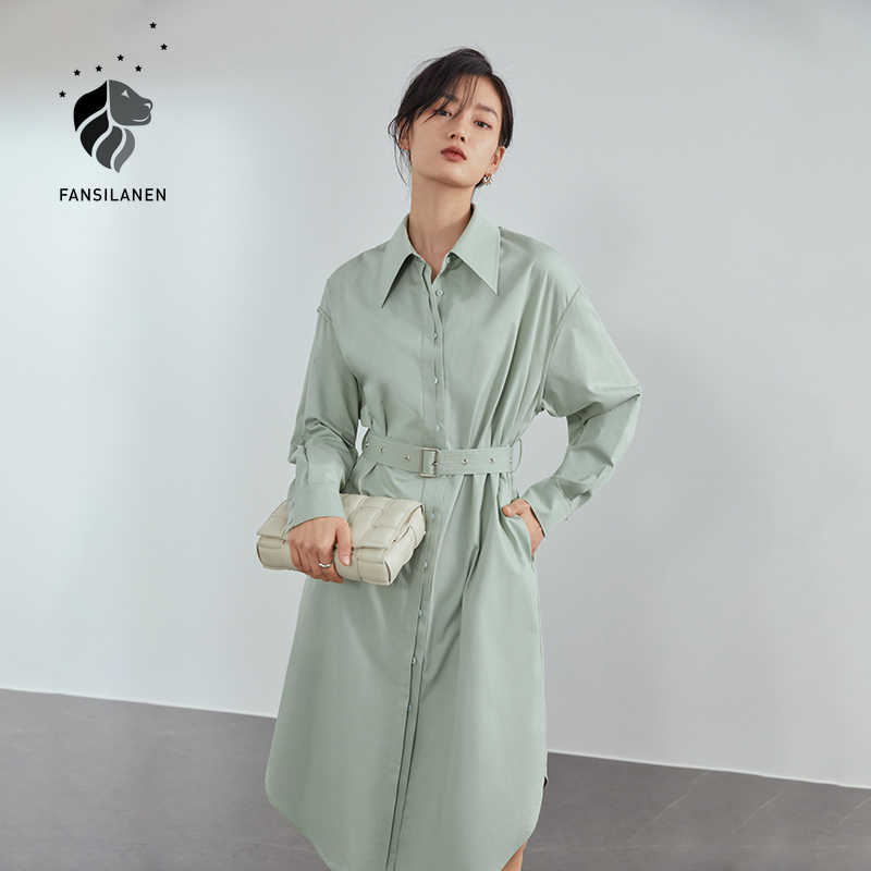 

FANSILANEN long sleeve belt casual shirt dress Women office lady pink spring Female button up elegant es 210607, Green