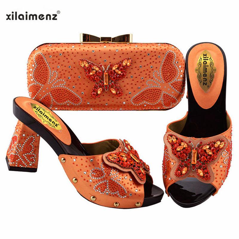 

Xilaimenz 2021 Design Mature Style African Ladies High Quality Shoes With Evening Bag To Match In Orange Color For Slipper Dress, Black