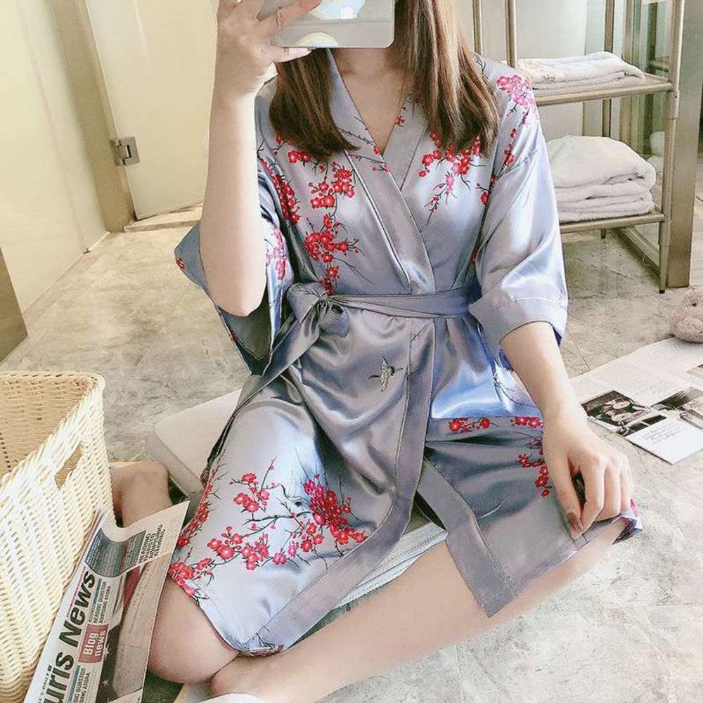 

Japanese kimono Nightgown spring and summer short sleeve pajamas women's solid color thin sexy plum blossom bathrobe large size home