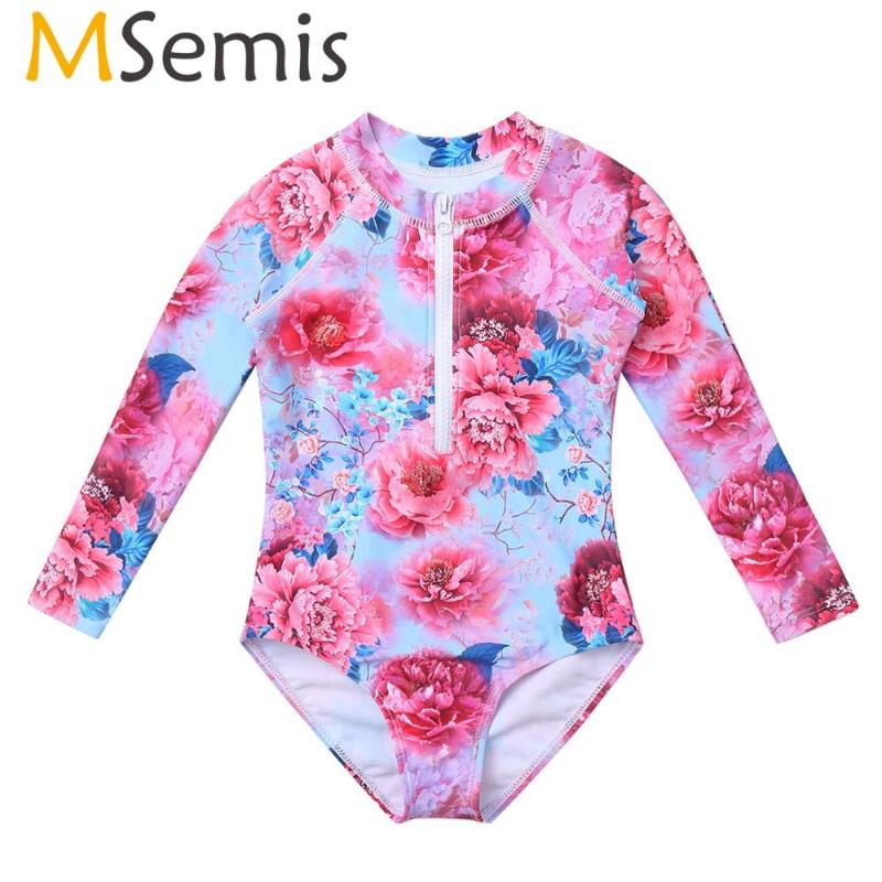 

Kids Girls One Piece Swimsuit 2021 Long Sleeve Flower Print Pattern Leotard Swimwear Monokini Baby Clothes Bathing Suit One-Piece Suits