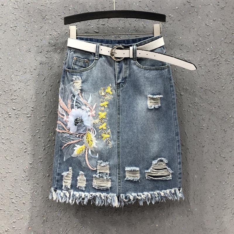 

Skirts Summer 2021 Korean Style Women Clothes High Waist Tassel Embroidery Flower Pencil Denim Skirt , Woman Skinny Hole Jean, As pic
