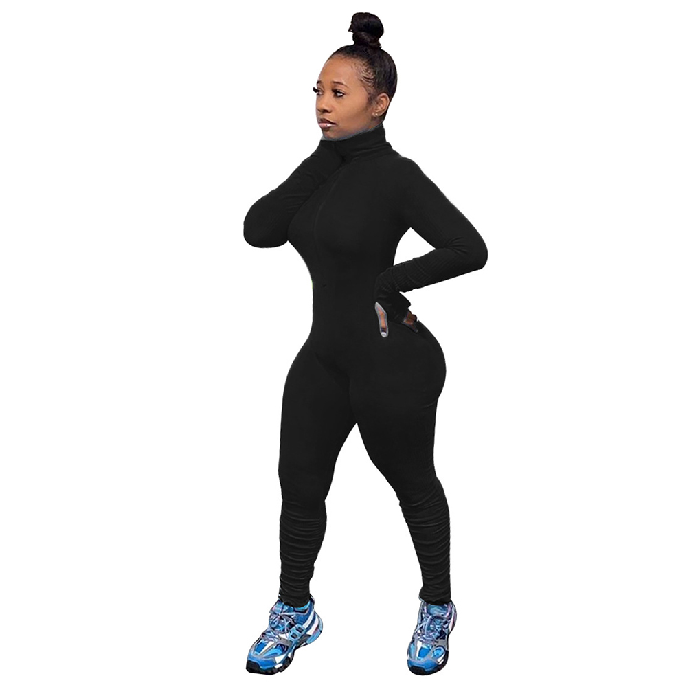 

20112021 new arrival jumpsuit women elastic hight fitness rompers long sleeve high necked zipper bodysuit activewear stacked outfit, Black;white