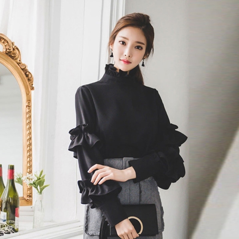 

ZAWFL High Quality Spring Lady Blouse Full Sleeve Ruffles Patchwork Black Vintage Casual Women' Top 210525, Picture color