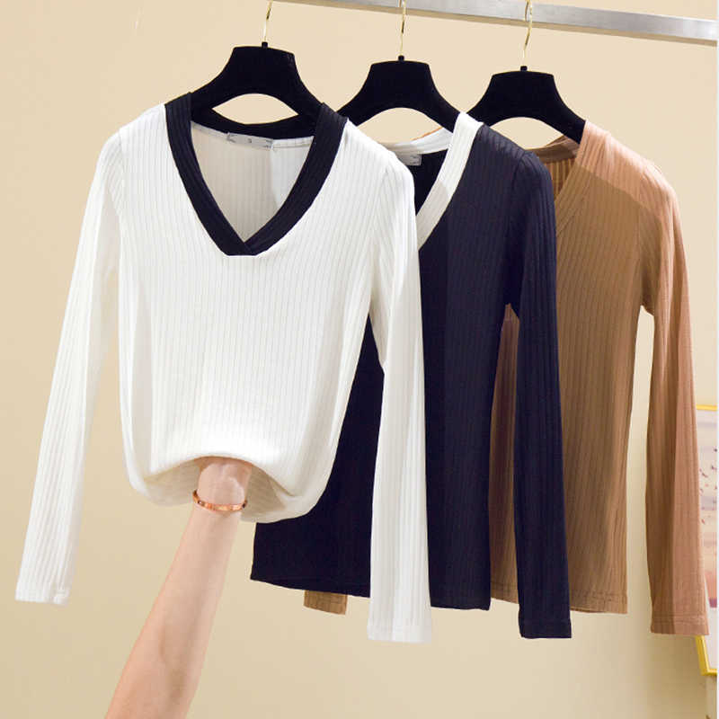 

Shintimes Sexy Club V-Neck T-Shirt Female Long Sleeve Autumn Winter Tops Korean Style Clothes T Women Tee Femme 210615, Black t shirt