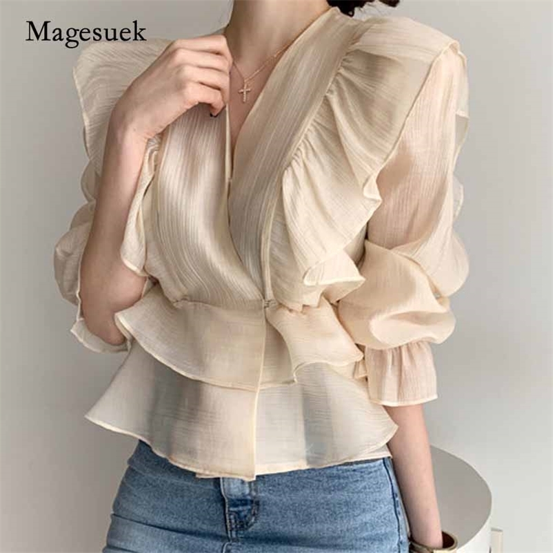 

Fashion Female Vintage Slimming Chiffon Blouse Ruffled Deep V-neck Silk Shirt Solid Sweet Flare Sleeve Woman's 10334 210518, Apricot