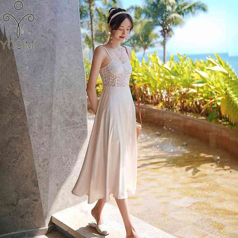 

YOSIMI Summer Vintage Beige Lace Long Dres Strapless Sleeveless Mid-calf Sexy Evening Party Night Club 210604