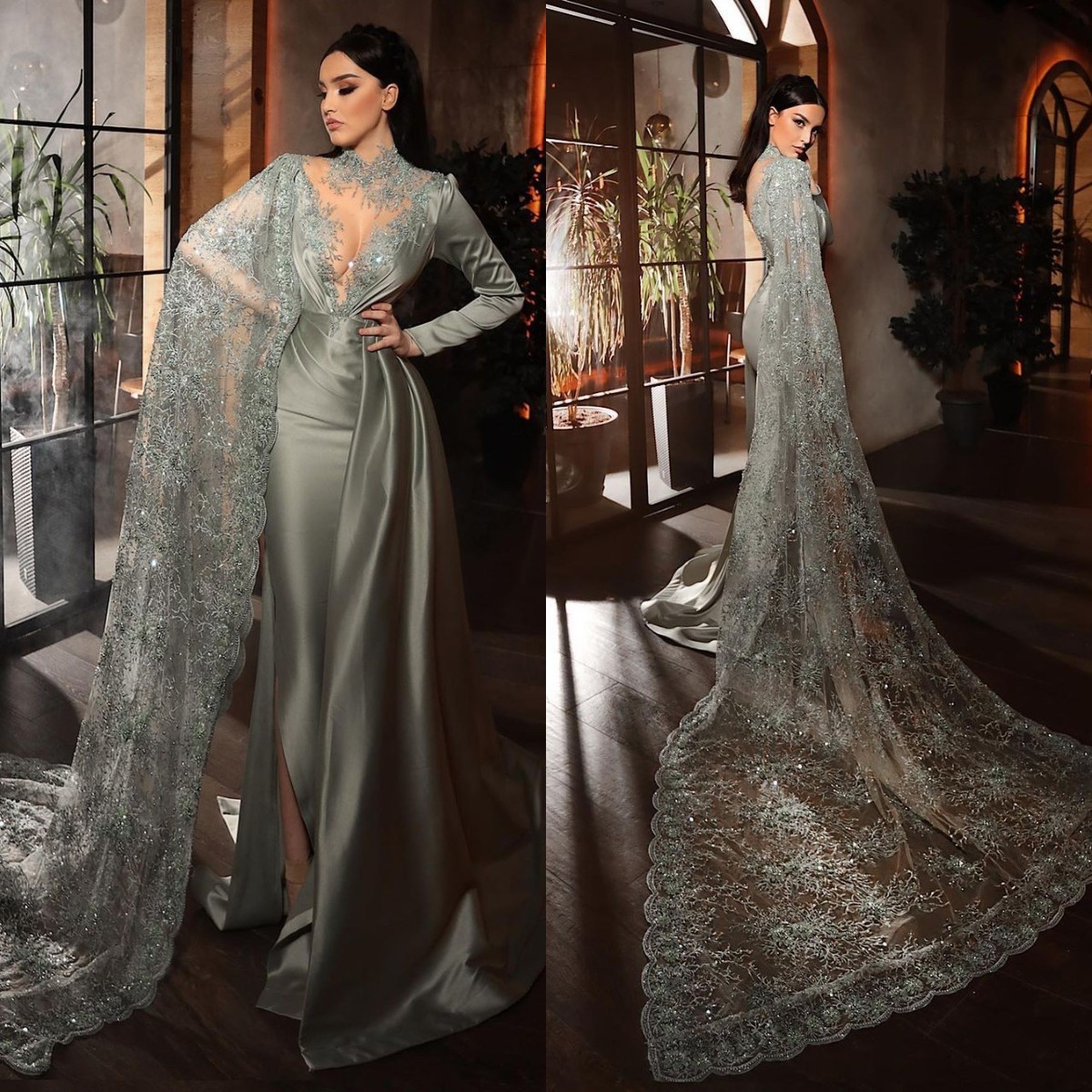 

2022 Elegant Evening Gowns with Cape Long Sleeve Mermaid Prom Dress Party Wear Lace Appliques High Collar Robes De Soirée, Burgundy