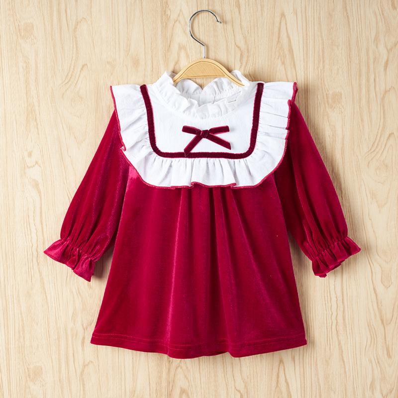 

Girl's Dresses Princess Toddler Baby Girls Dress Infant Sweet Style Lace Collar Bow Decoration Cotton Long Sleeve Spring Autumn Outfits, Red