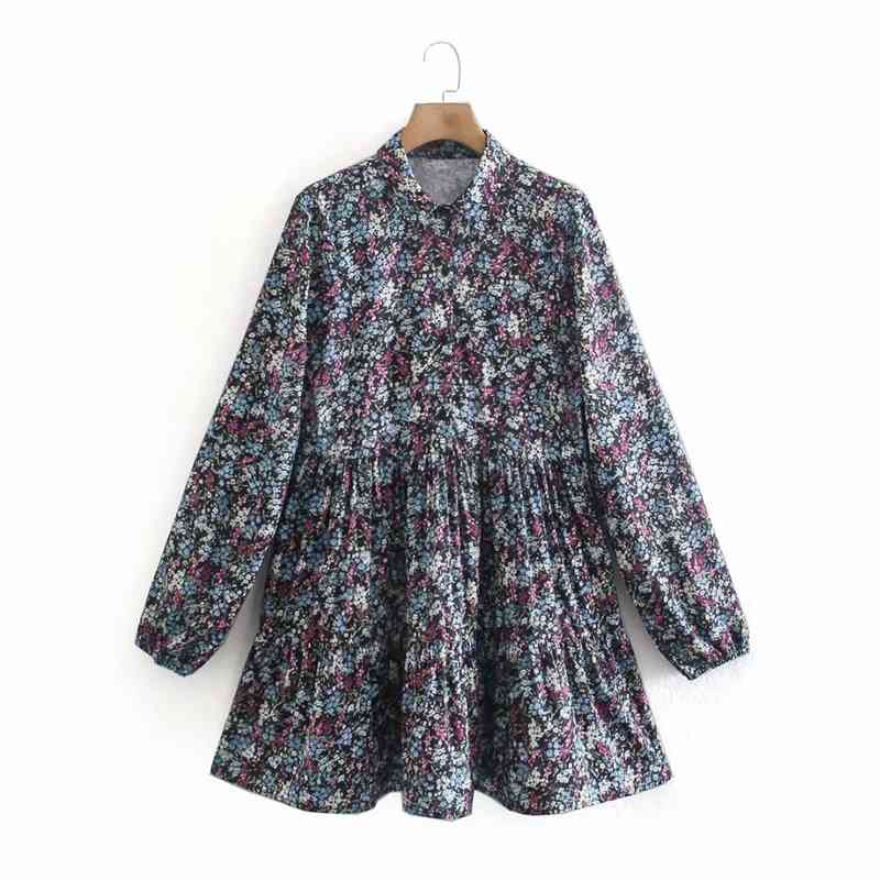 

Casual Vintage Floral Above Knee Dress Women Turn Down Collar Shirt Spring Long Sleeve A-line Party NX2130 210525, Blue