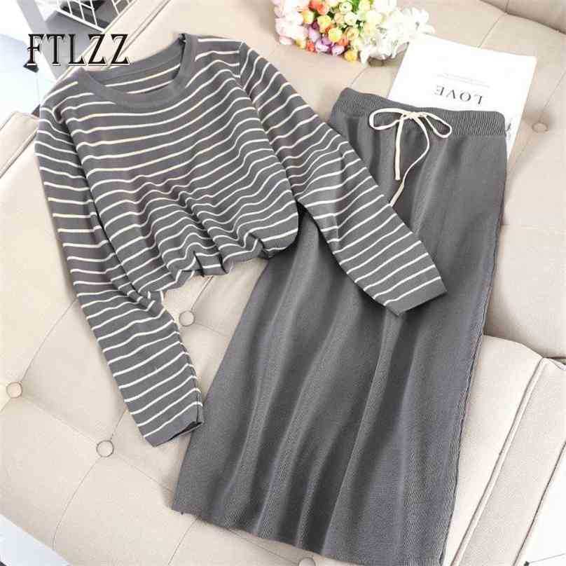 

Woman two piece set clothes autumn fashion stripe shirt top + slim skirt knitted suits women 2 pcs sets 210525