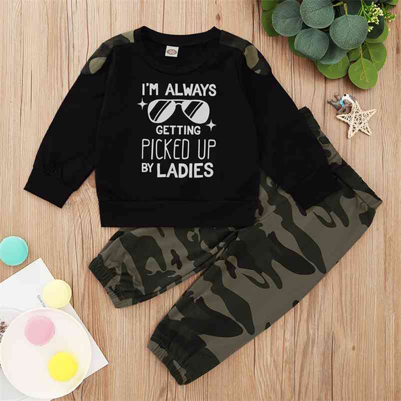 

Winter Children Sets Casual Long Sleeve O Neck Print T-shirt Camouflage Pants 2Pcs Girls Clothes 6M-4T 210629, Gray