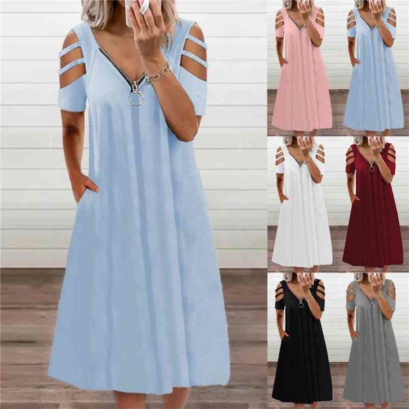 

Summer Sexy V-neck Zipper Solid Color Casual Off-shoulder Short-sleeved Loose Mid-length Dress Plus Size Women' Clothing 210701, White