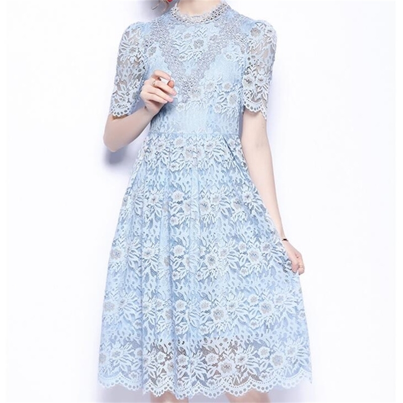 

Robe Femme Hollow Out Floral Embroidery Lace Dress Blue Long Women See Through Summer es Casual 210603, Picture color