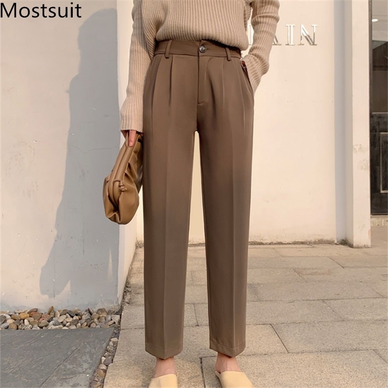 

Autumn High Waist Korean Women Suit Pants Trousers Ankle-length Solid Fashion Office Female Straight Femme 210518, Black