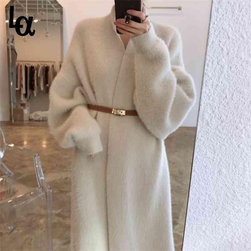 

Women Winter Solid Korean Elegant Faux Rabbit Fur Jacket Female Loose Long Sleeve Warm Mike Coats With Belt 210519, Beige