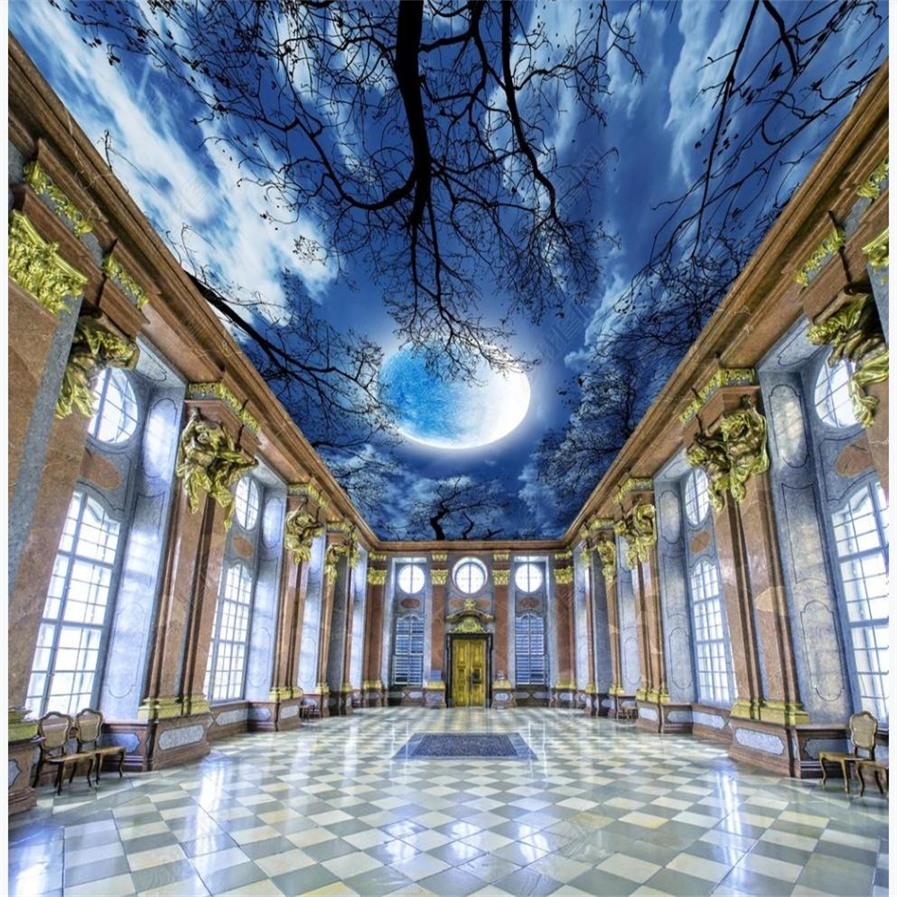 

Beautiful moon starry sky tree forest sky mural ceiling 3d murals wallpaper for living room, Blue