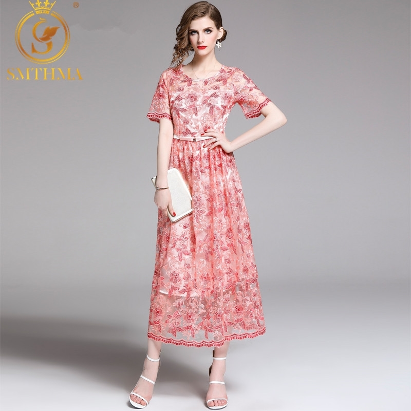 

Embroidery Lace Big Swing Dress Women Hollow Out Summer Runway Long es Ankle-Length Party Vestidos 210520, Photo color