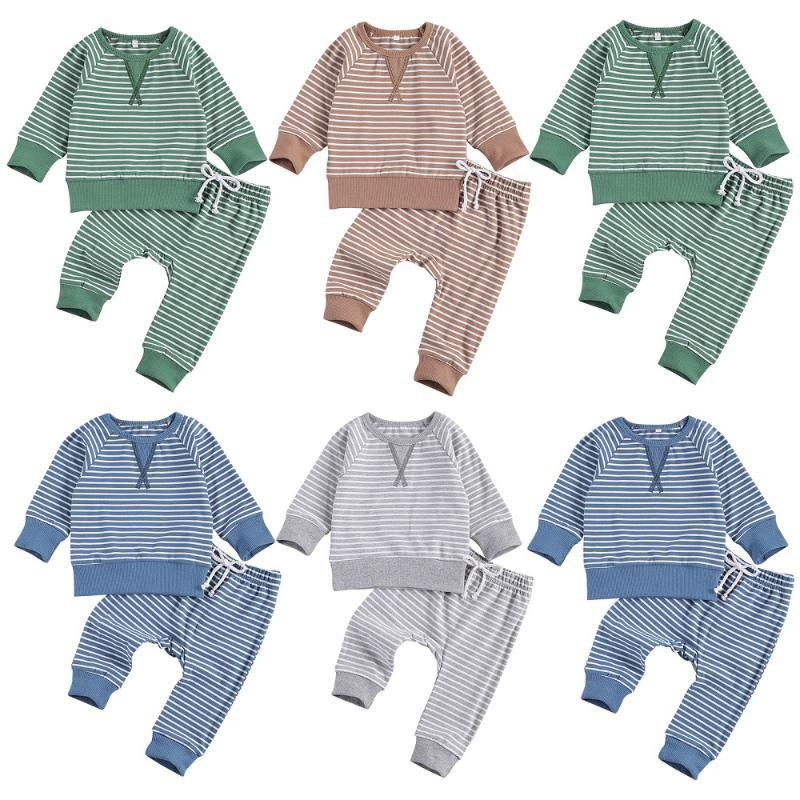 

Clothing Sets 0-24M Born Baby Boy Girl Long Sleeve Crew Neck Striped Pullover T-Shirt Tops Pant Trouser 2PCS Set, White