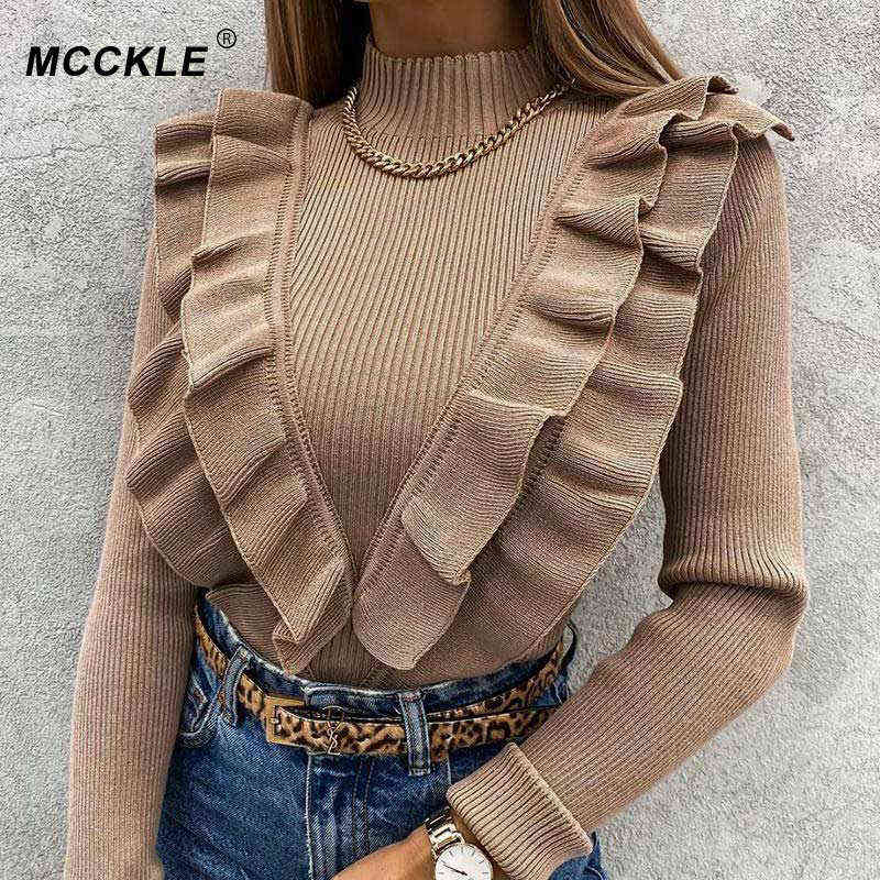 

Mock Neck Ruffles Women' Knitted Sweater Long Sleeve Solid Coffee Slim Elegant Office Lady Pullover Spring Fashion Top 211109