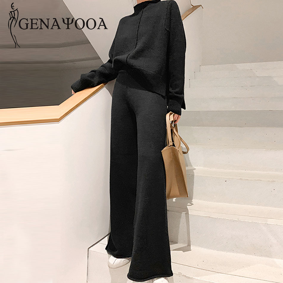 Two Piece Set Pullover Sweater Tracksuit Women High Waist Knit Wide Leg Pants Women Suit Women Winter-image-668531737