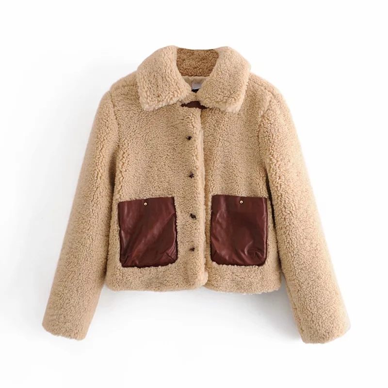 

Women Fashion Faux Lamb Fur Cropped Female Chic Pockets Single Breastwd Jacket Girls Outerwear, Black