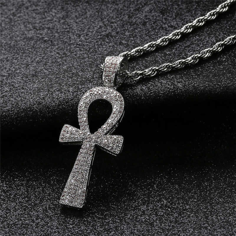 

Iced Out Egyptian Ankh Key Pendant Necklace With Chain 2 Colors Fashion Mens Necklace Hip Hop Jewelry X0707