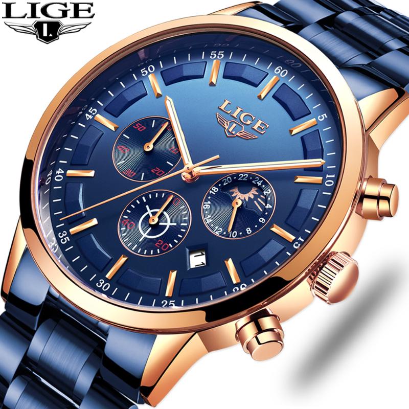 

Wristwatches LIGE 2021 Men's Watch Blue Dial Stainless Steel Water Resistant Man Watches Luxury Business Analog Quartz Mens Fashion, Slivery;brown