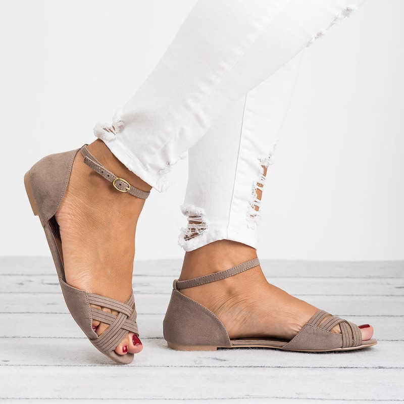 

2021 Summer Women's Flat Sandals Fish Mouth Shoes For Women Casual Buckle Strap Female Shoes Low Heels Beach Ladies Sandals Y0721, Black