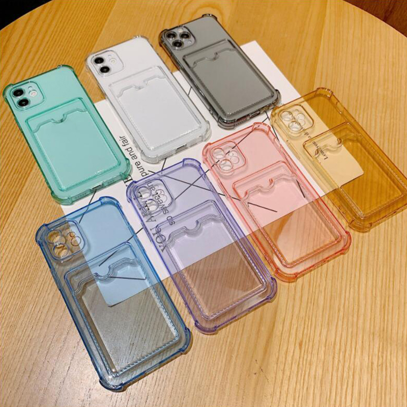 

50pcs PC013 Clear Transparent TPU Anti Shock Phone Cases with Card Slot Back Cover Case For iPhone 13 12 Mini 11 Pro Max XS 8 7Plus 6S, Black