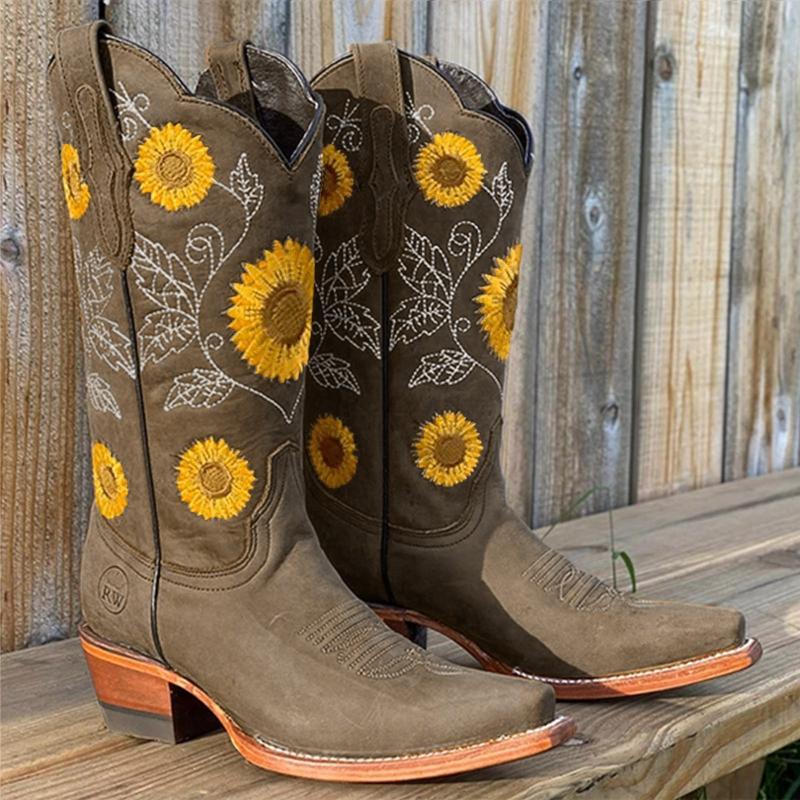 

Boots Women's Plus Size Fashion Quality Thick Heel Round Toe Sunflower Embroidered Short Botas Zapatos De Mujer #4