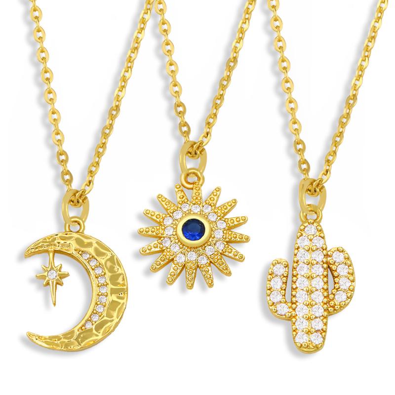 Pendant Necklaces FLOLA CZ Pave Moon And Star Necklace For Women Gold Plated Small Cactus Sun Zirconia Wholesale Jewelry Nkeu46-image-703606228