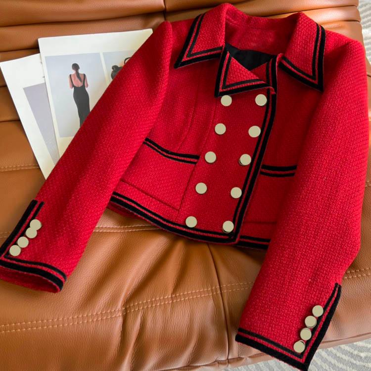 

Women's Jackets High-end Red Wool Coats For Women Commute Slim Top Quality 3D Cut Lapel Double Breasted Short Tweed Lady Winter 2021, Black;brown