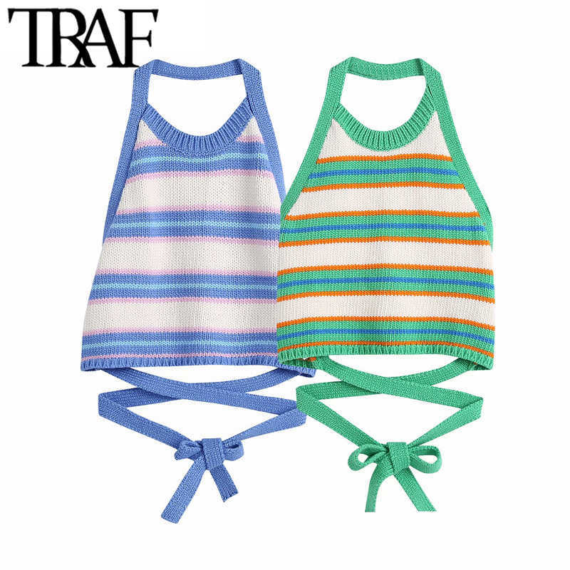 

TRAF Women Sweet Fashion Striped Crop Knitted Tank Tops Vintage Halter Neck Backless Bow Tied Female Camis Mujer 210616, As picture