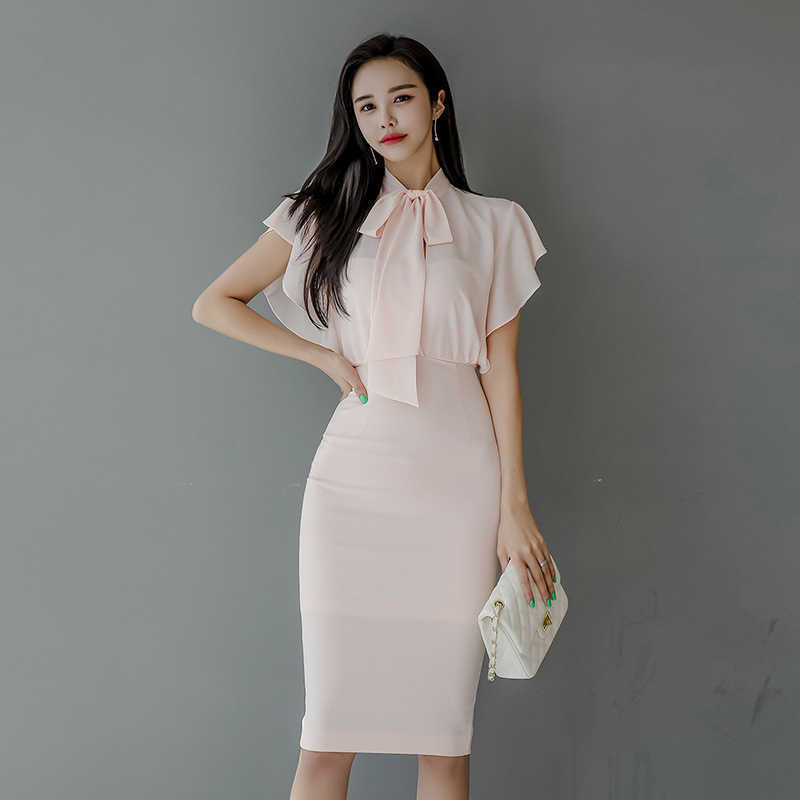 

summer ladies fashion dress slim Zippers Knee-Length Office Lady Chiffon Polyester 210603, Pink