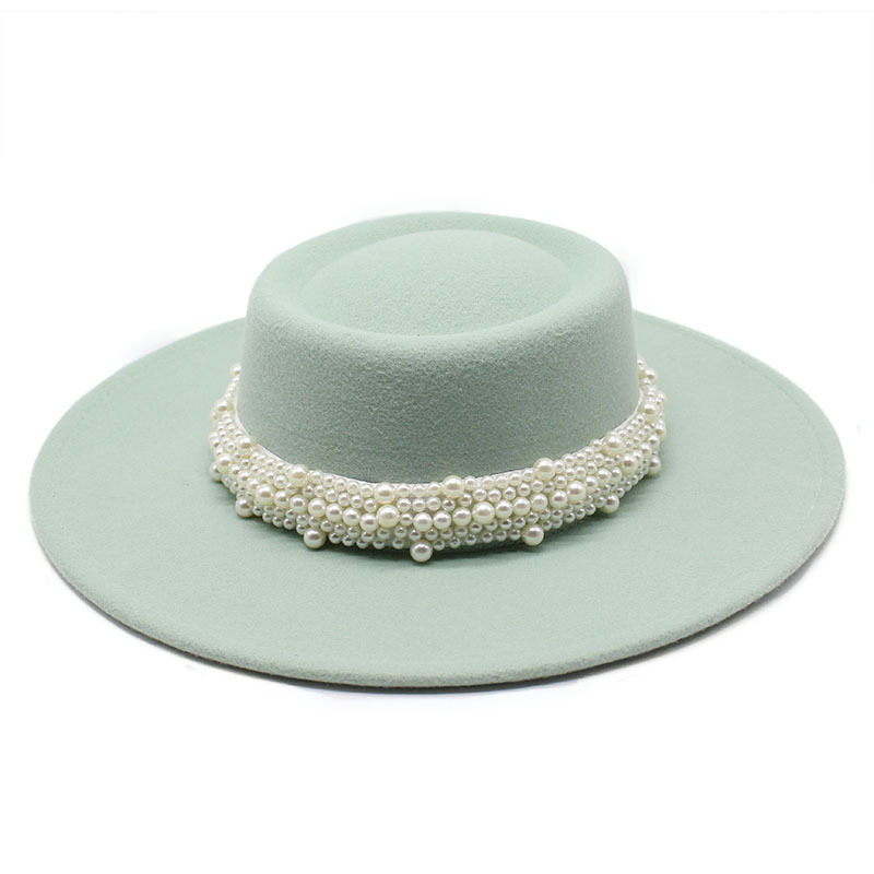 

Ladies French Elegant Autumn Winter Derby Top Hat 8.5CM Wide Brim Felt Fedoras Hat with pearl Retro Party Wedding Cap