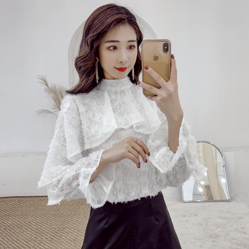 

Women' Blouses & Shirts 2021 Spring OL Ruffle Bell Sleeve Tassel White Chiffon Shirt Female Fashion Elegant Blouse