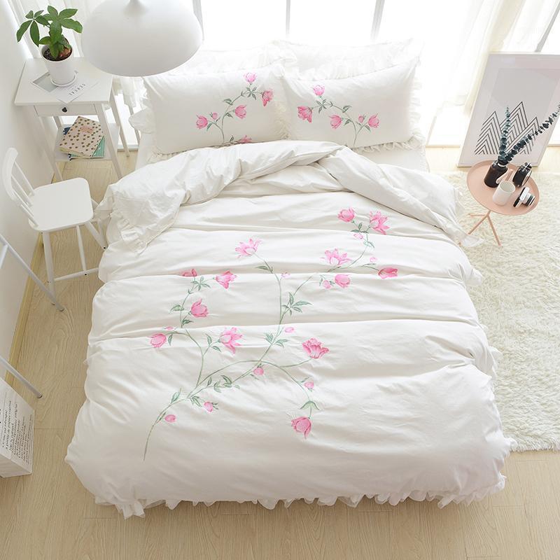 

Bedding Sets 2021 100%cotton Pink Flowers Set 4pcs Bed Linen Queen King Size Quilt Duvet Cover Lace Skirt Cotton 28, Color3