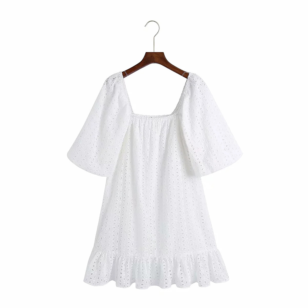 

BBWM Summer Women Elegant Hollow Out Embroidery A- Line Half Sleeve Fashion Sweet Elastic Casual Dresses 210520, White